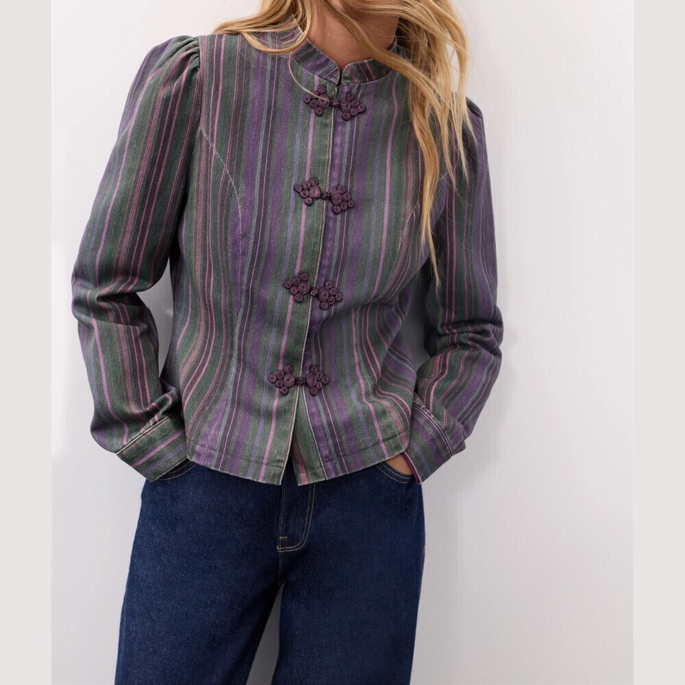 Green / Purple Multicolor Striped Frog Closure Stand Collar Denim Jacket